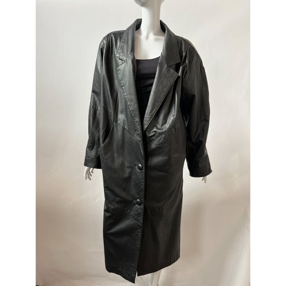 Avanti Black Leather Coat Sz Medium Knee Length - Picture 1 of 16
